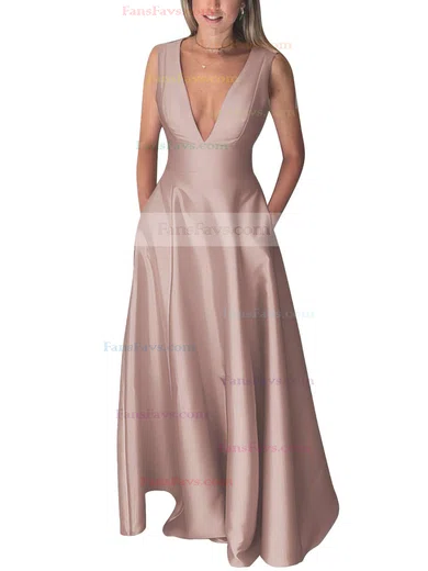A-line V-neck Silk-like Satin Floor-length Pockets Prom Dresses #Favs020106098