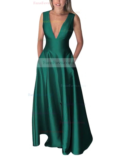 A-line V-neck Silk-like Satin Floor-length Pockets Prom Dresses #Favs020106098