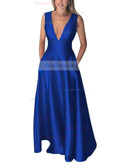 A-line V-neck Silk-like Satin Floor-length Pockets Prom Dresses #Favs020106098