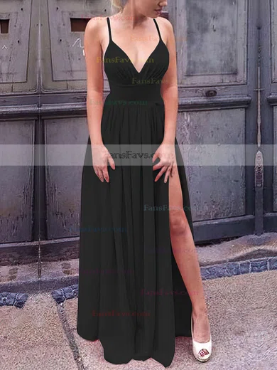 A-line V-neck Silk-like Satin Floor-length Split Front Prom Dresses #Favs020106103