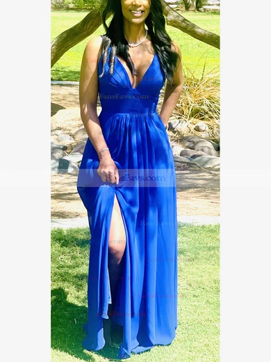 A-line V-neck Silk-like Satin Floor-length Split Front Prom Dresses #Favs020106103