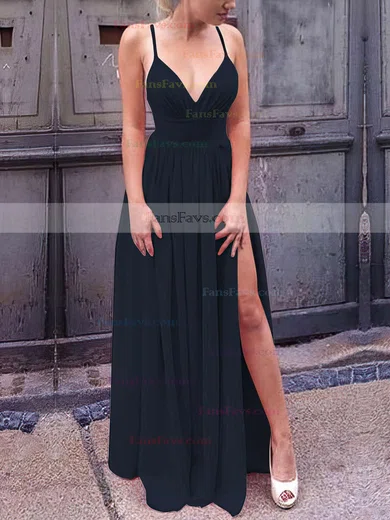 A-line V-neck Silk-like Satin Floor-length Split Front Prom Dresses #Favs020106103