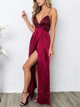 Sheath/Column V-neck Sequined Silk-like Satin Ankle-length Split Front Prom Dresses #Favs020106105 Sheath/Column V-neck Sequined Silk-like Satin Ankle-length Split Front Prom Dresses #Favs020106105