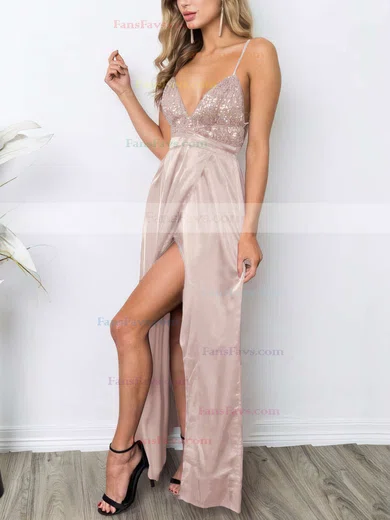 Sheath/Column V-neck Sequined Silk-like Satin Ankle-length Split Front Prom Dresses #Favs020106105