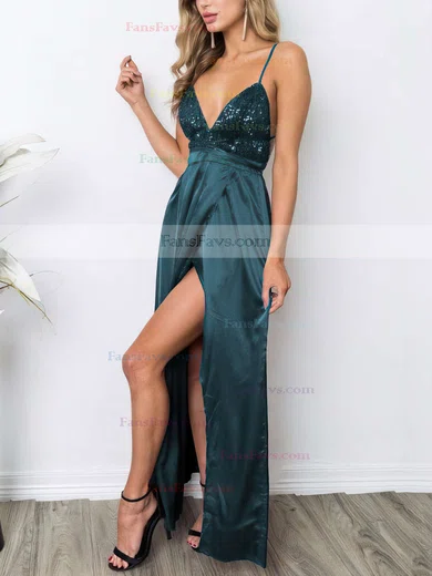 Sheath/Column V-neck Sequined Silk-like Satin Ankle-length Split Front Prom Dresses #Favs020106105