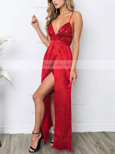 Sheath/Column V-neck Sequined Silk-like Satin Ankle-length Split Front Prom Dresses #Favs020106105