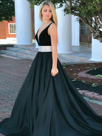 Ball Gown V-neck Satin Sweep Train Beading Prom Dresses #Favs020106110
