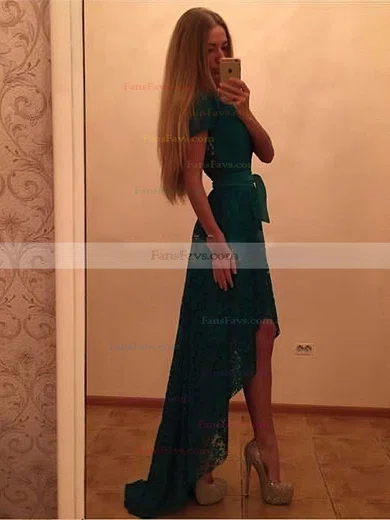 A-line Scoop Neck Lace Asymmetrical Sashes / Ribbons Prom Dresses #Favs020103130