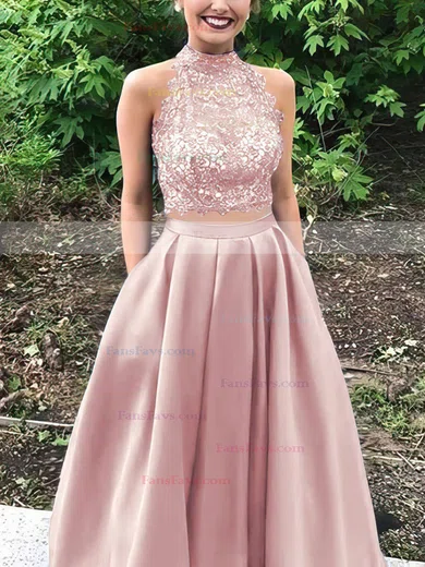 Princess High Neck Lace Satin Floor-length Beading Prom Dresses #Favs020105044
