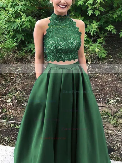 Princess High Neck Lace Satin Floor-length Beading Prom Dresses #Favs020105044