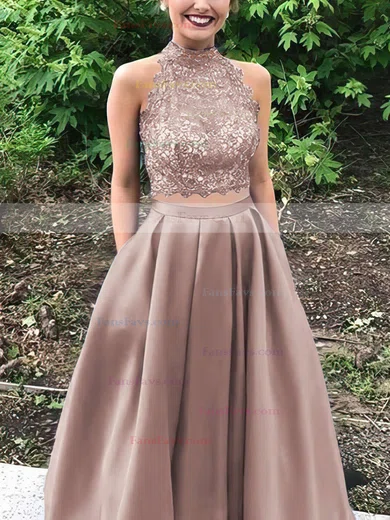 Princess High Neck Lace Satin Floor-length Beading Prom Dresses #Favs020105044