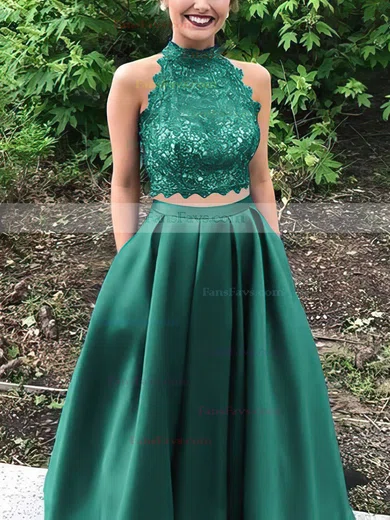 Princess High Neck Lace Satin Floor-length Beading Prom Dresses #Favs020105044