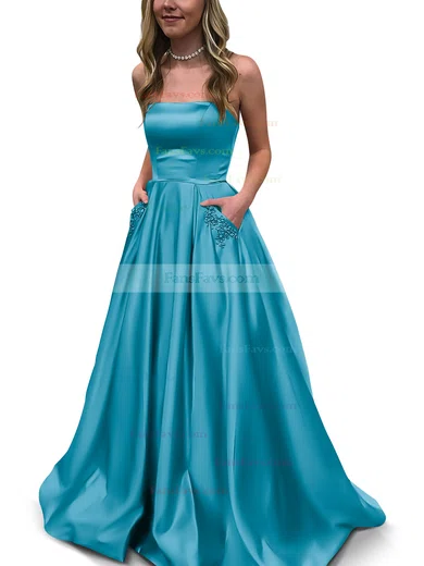Princess Strapless Satin Floor-length Beading Prom Dresses #Favs020105052