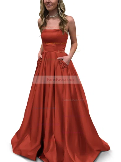 Princess Strapless Satin Floor-length Beading Prom Dresses #Favs020105052