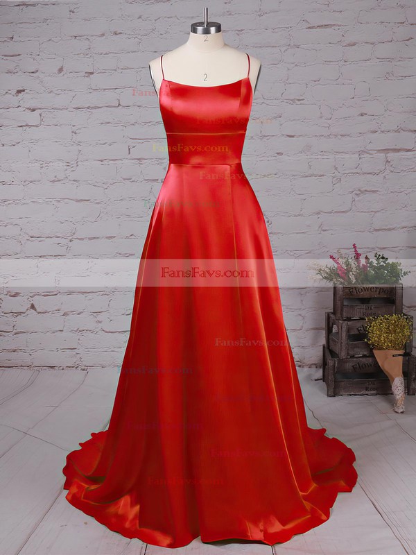 A-line Scoop Neck Silk-like Satin Sweep Train Pockets Prom Dresses #Favs020105078