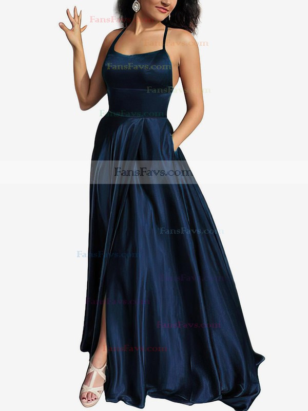 A-line Scoop Neck Silk-like Satin Sweep Train Pockets Prom Dresses #Favs020105078