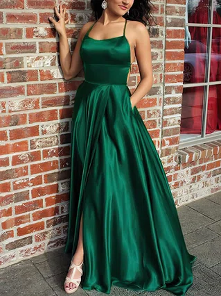 A-line Scoop Neck Silk-like Satin Sweep Train Pockets Prom Dresses #Favs020105078