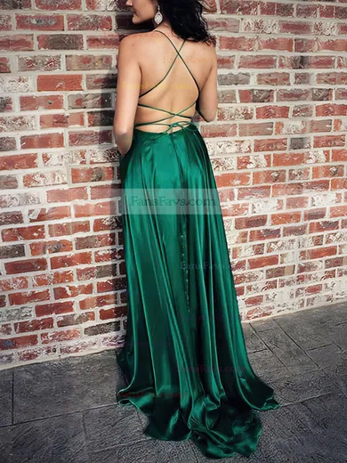 A-line Scoop Neck Silk-like Satin Sweep Train Pockets Prom Dresses #Favs020105078