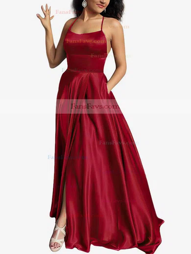 A-line Scoop Neck Silk-like Satin Sweep Train Pockets Prom Dresses #Favs020105078