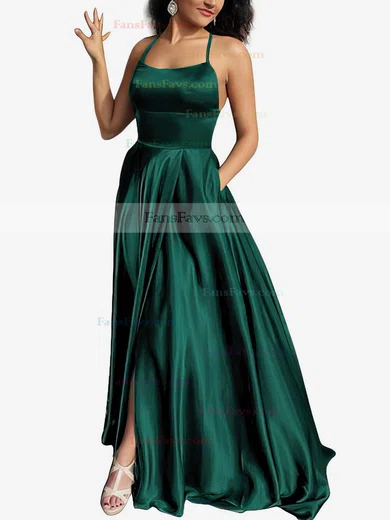 A-line Scoop Neck Silk-like Satin Sweep Train Pockets Prom Dresses #Favs020105078