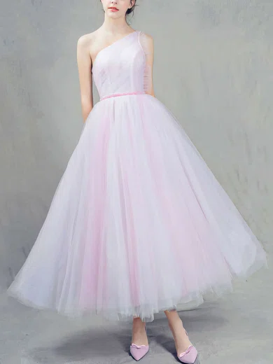 Ball Gown One Shoulder Tulle Ankle-length Beading Prom Dresses #Favs020103243
