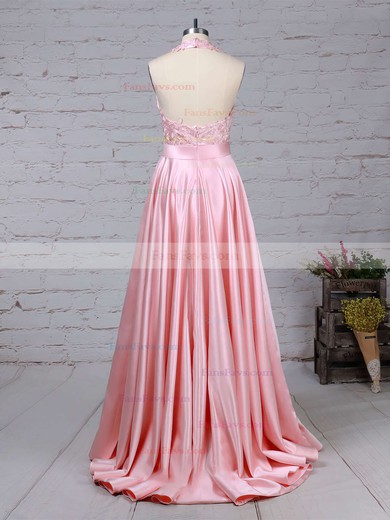 Princess Halter Satin Sweep Train Appliques Lace Prom Dresses #Favs020105085