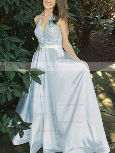 Princess Halter Satin Sweep Train Appliques Lace Prom Dresses #Favs020105085