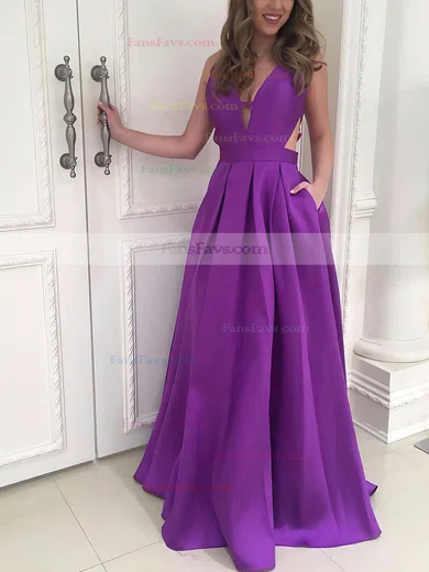 Princess V-neck Satin Sweep Train Pockets Prom Dresses #Favs020105088