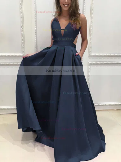 Princess V-neck Satin Sweep Train Pockets Prom Dresses #Favs020105088