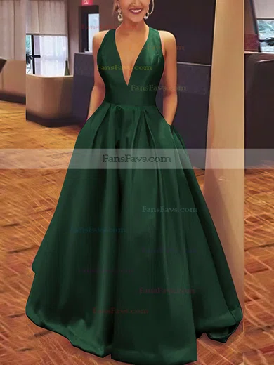 A-line V-neck Satin Floor-length Bow Prom Dresses #Favs020106112