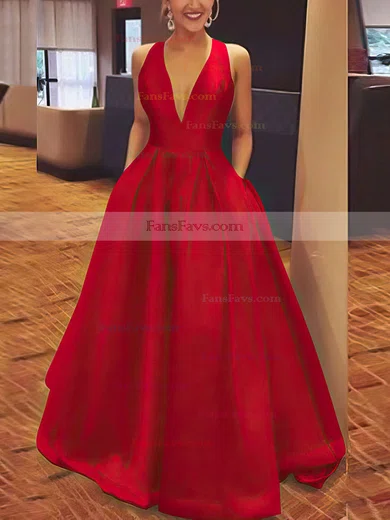 A-line V-neck Satin Floor-length Bow Prom Dresses #Favs020106112