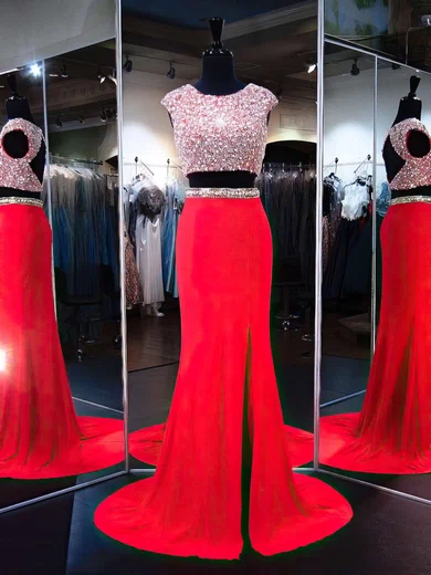 Trumpet/Mermaid Scoop Neck Jersey Sweep Train Split Front Prom Dresses #Favs020103276