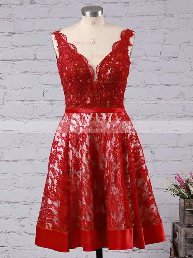 Princess V-neck Lace Knee-length Beading Prom Dresses #Favs020103246