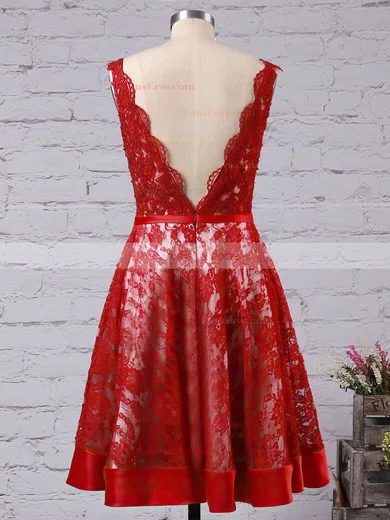 Princess V-neck Lace Knee-length Beading Prom Dresses #Favs020103246