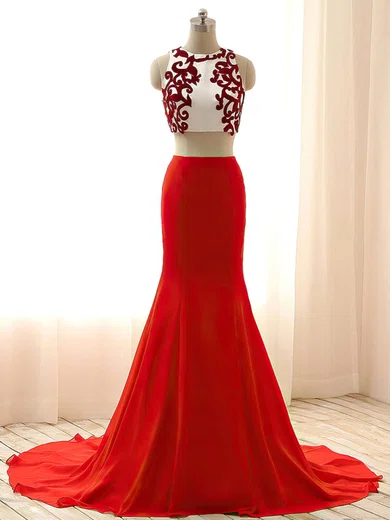 Trumpet/Mermaid Scoop Neck Chiffon Sweep Train Appliques Lace Prom Dresses #Favs020103315