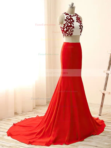 Trumpet/Mermaid Scoop Neck Chiffon Sweep Train Appliques Lace Prom Dresses #Favs020103315