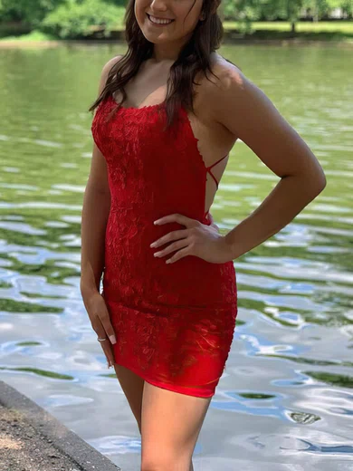 Sheath/Column Scoop Neck Lace Tulle Short/Mini Short Prom Dresses With Appliques Lace #Favs020020110347