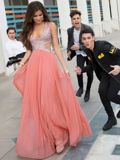 A-line V-neck Chiffon Floor-length Beading Prom Dresses #Favs020103634