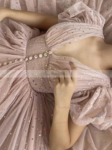 A-line V-neck Tulle Ankle-length Ruffles Short Prom Dresses #Favs020020109385