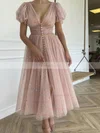A-line V-neck Tulle Ankle-length Ruffles Short Prom Dresses #Favs020020109385
