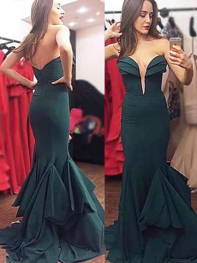 Trumpet/Mermaid V-neck Chiffon Sweep Train Ruffles Prom Dresses #Favs020103754