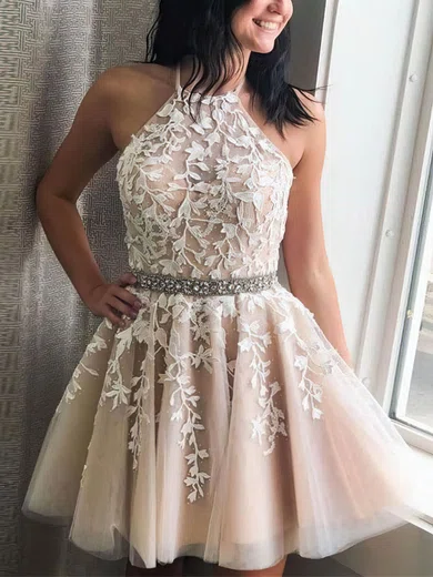 A-line Halter Tulle Short/Mini Beading Short Prom Dresses #Favs020020109389