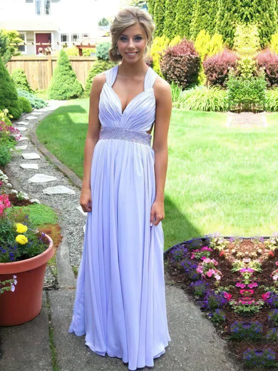 A-line V-neck Chiffon Floor-length Beading Prom Dresses #Favs020104383