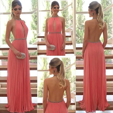 A-line Halter Chiffon Floor-length Beading Prom Dresses #Favs020104388