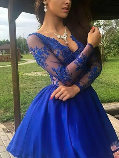 A-line V-neck Chiffon Short/Mini Appliques Lace Short Prom Dresses #Favs020020109395