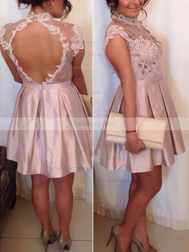 A-line High Neck Satin Short/Mini Appliques Lace Short Prom Dresses #Favs020020109396