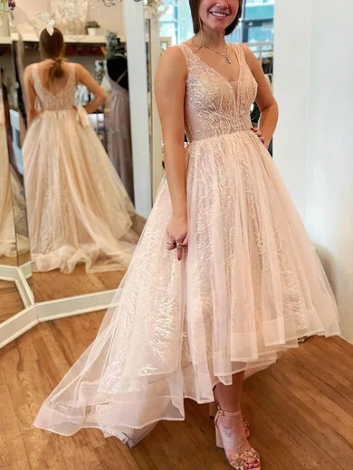 A-line V-neck Tulle Asymmetrical Short Prom Dresses #Favs020020111770