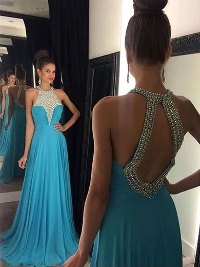 A-line Scoop Neck Chiffon Sweep Train Beading Prom Dresses #Favs020104454