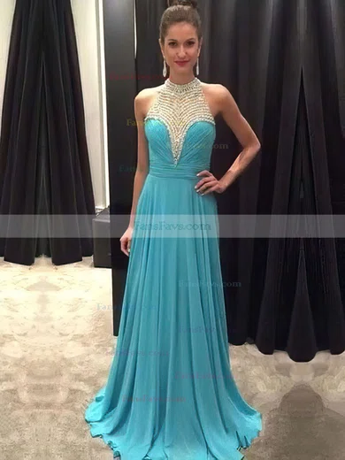 A-line Scoop Neck Chiffon Sweep Train Beading Prom Dresses #Favs020104454