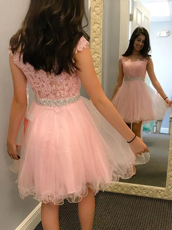 A-line Scoop Neck Tulle Short/Mini Beading Short Prom Dresses #Favs020020109399